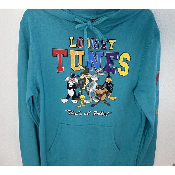 NWOT Looney Tunes Men's Neon Blue/Green Hooded Sweatshirt Size S Anime Influence - Picture 4 of 11